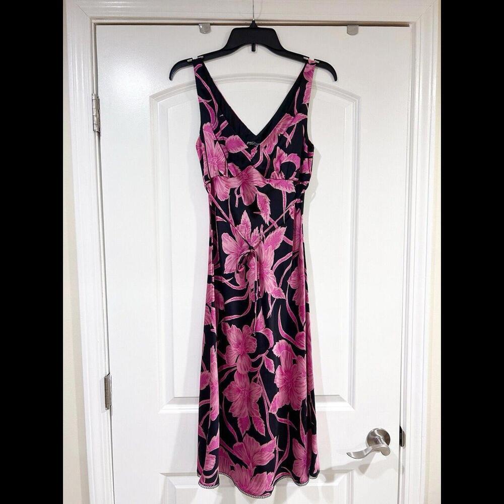Vintage Betsey Johnson Silk Slip Dress Floral Pink Black Stretch Satin Small - Picture 1 of 12